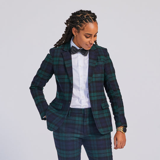 Green and blue plaid suit made in Italy for women, AFAB, and non-binary folks
