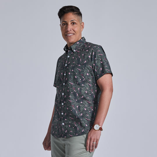 Short sleeve printed shirt with button down collar for women, trans, masc, and non-binary folk