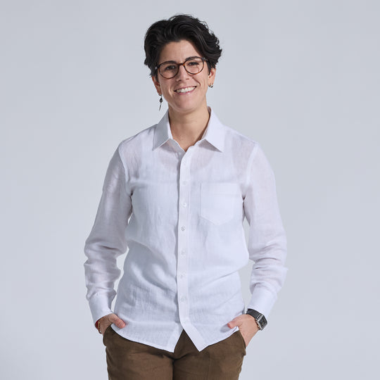 bright white linen long sleeve shirt for women, trans, masc, and non-binary folk