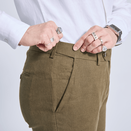 Flexi-waist linen dress pants for women, trans, masc, and non-binary folk