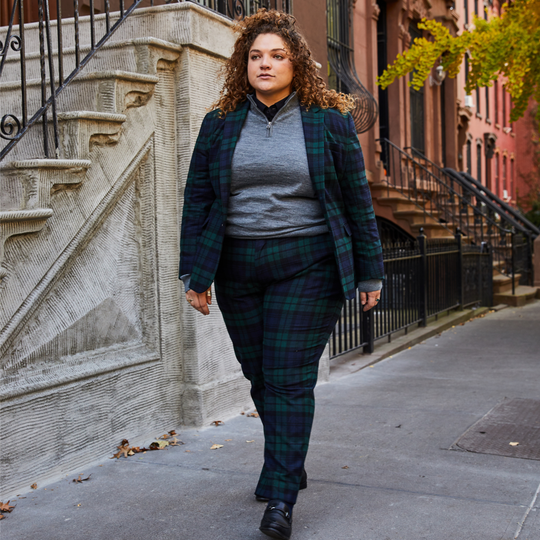 Androgynous Plaid Suit and quarter-zip sweater for women, non-binary, and AFAB folks
