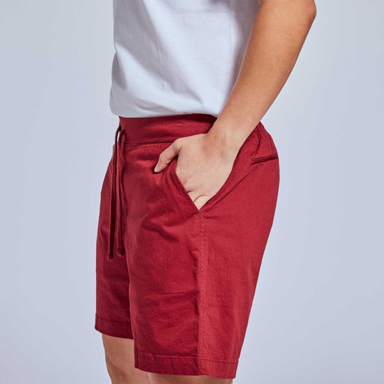 Cherry red shorts above knee