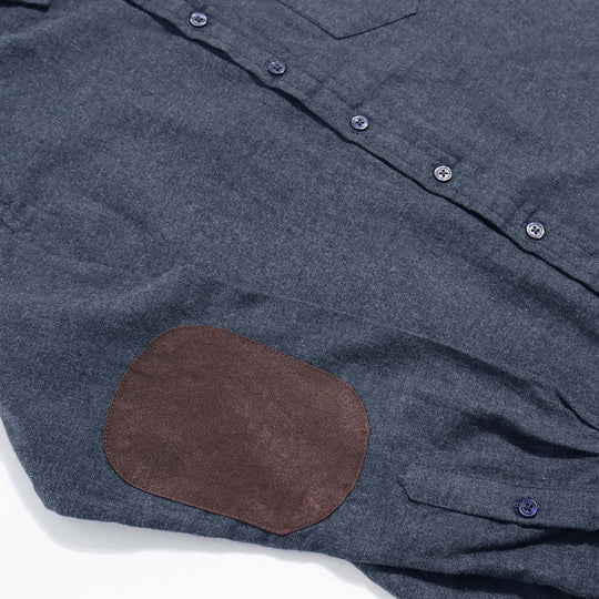Brown faux suede elbow patch on charcoal flannel for women