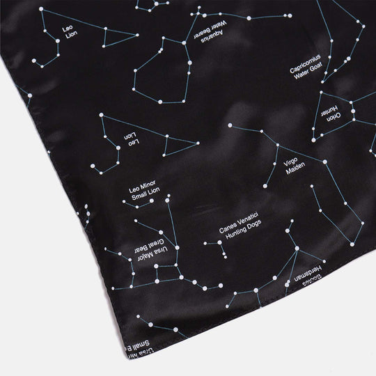 Black constellation pocket square details showing constellations of Leo, Ursa Major, Virgo, and more