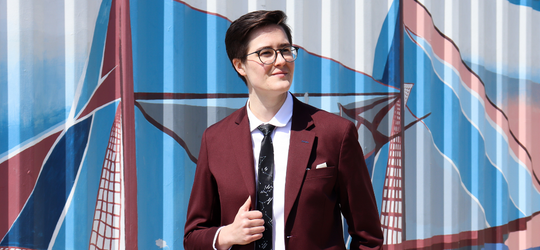 Androgynous Burgundy Suit Camille Kellogg Dapper Scout