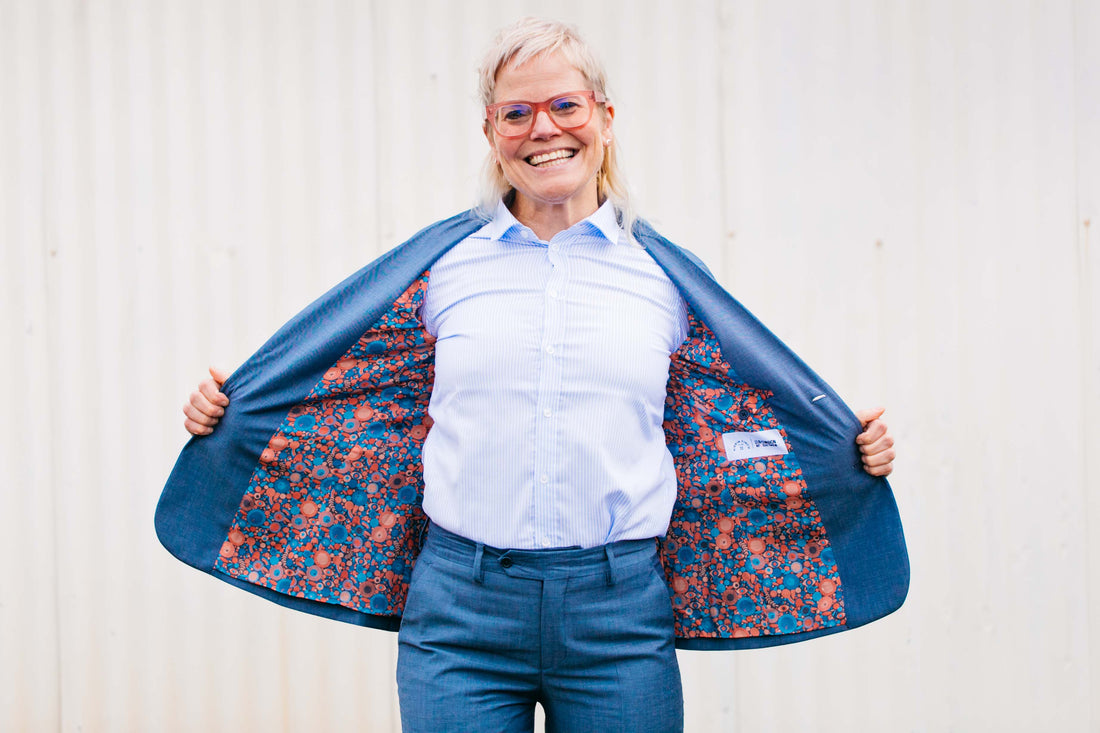 Lisa Congdon in special edition Lisa Congdon slate blue Georgie suit.