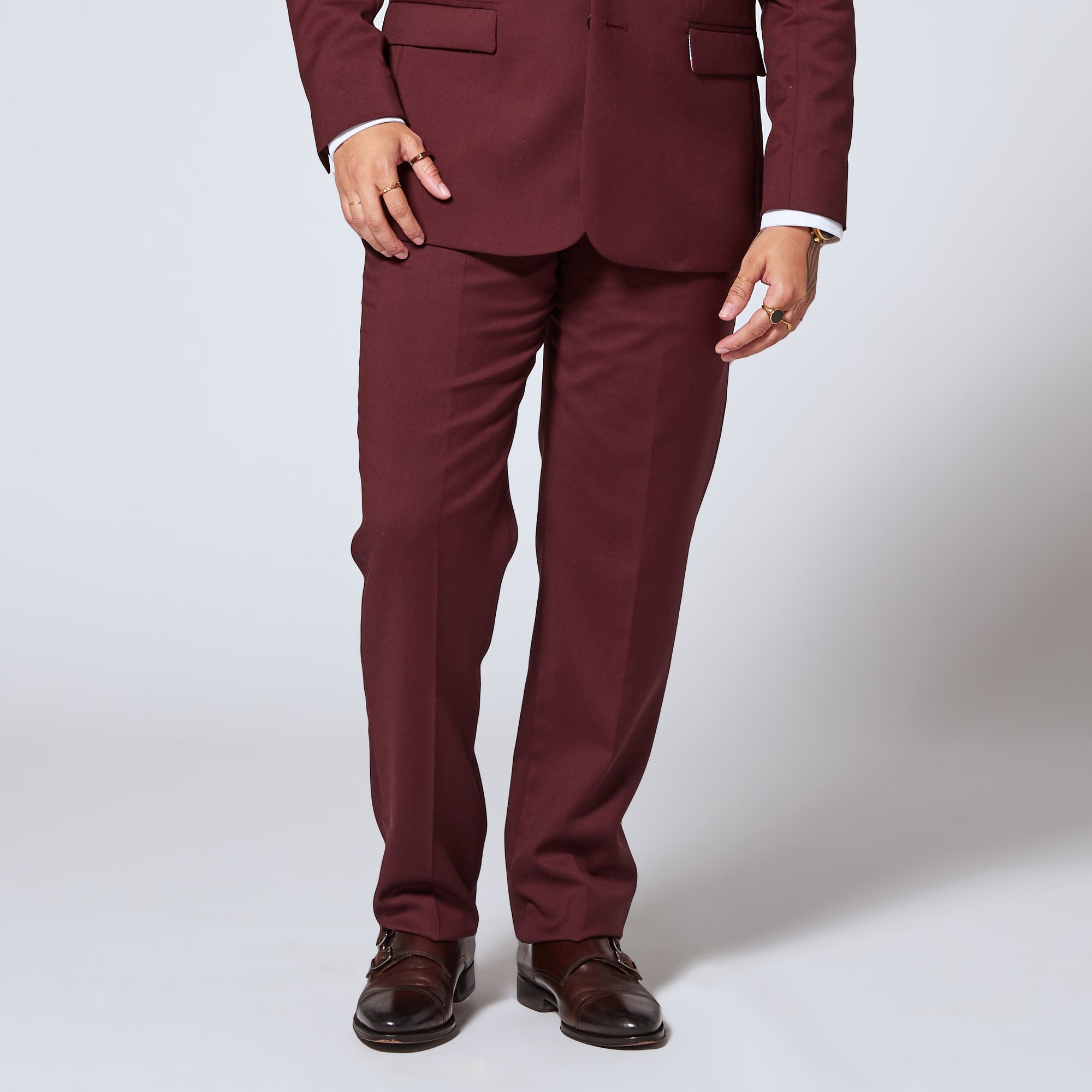 Women's burgundy Georgie dress pants made by Kirrin Finch. Color: Burgundy