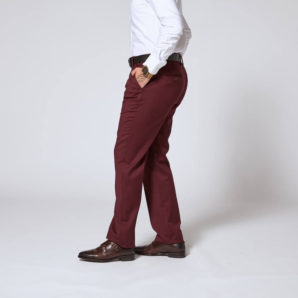Burgundy dress pants with subtle taper made for women, trans, masc, and non-binary folk.