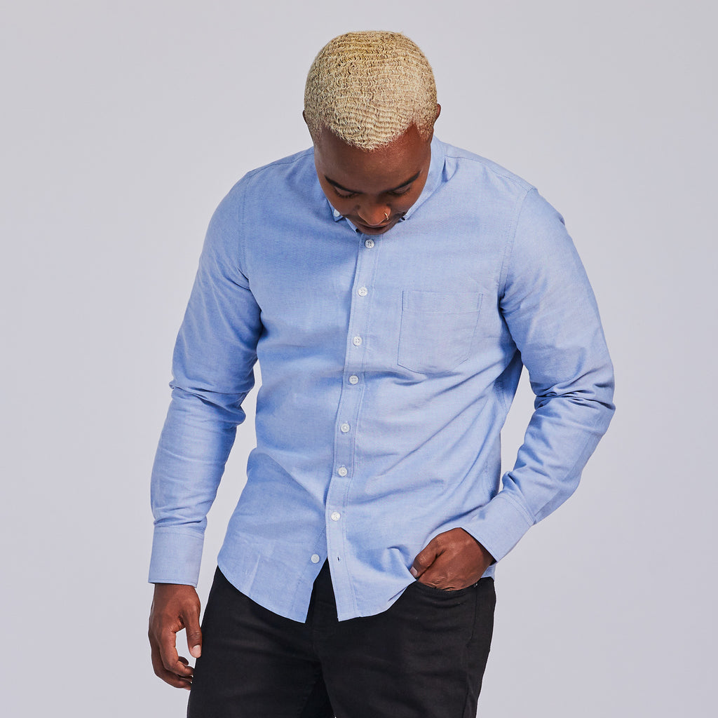 Blue Oxford Button Down shirt for AFAB, trans, women, and non-binary folk