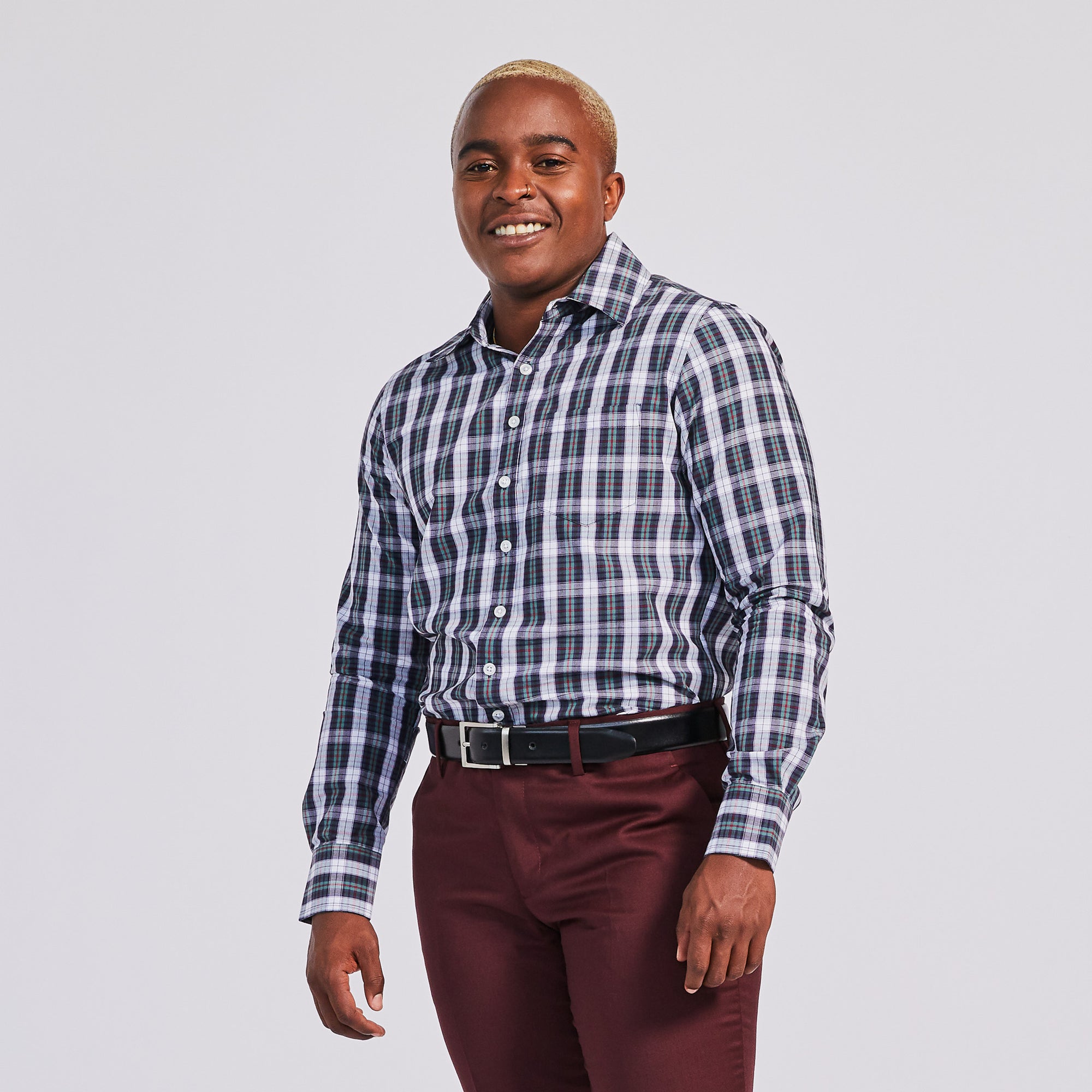 Plaid point color shirt in white green, and red