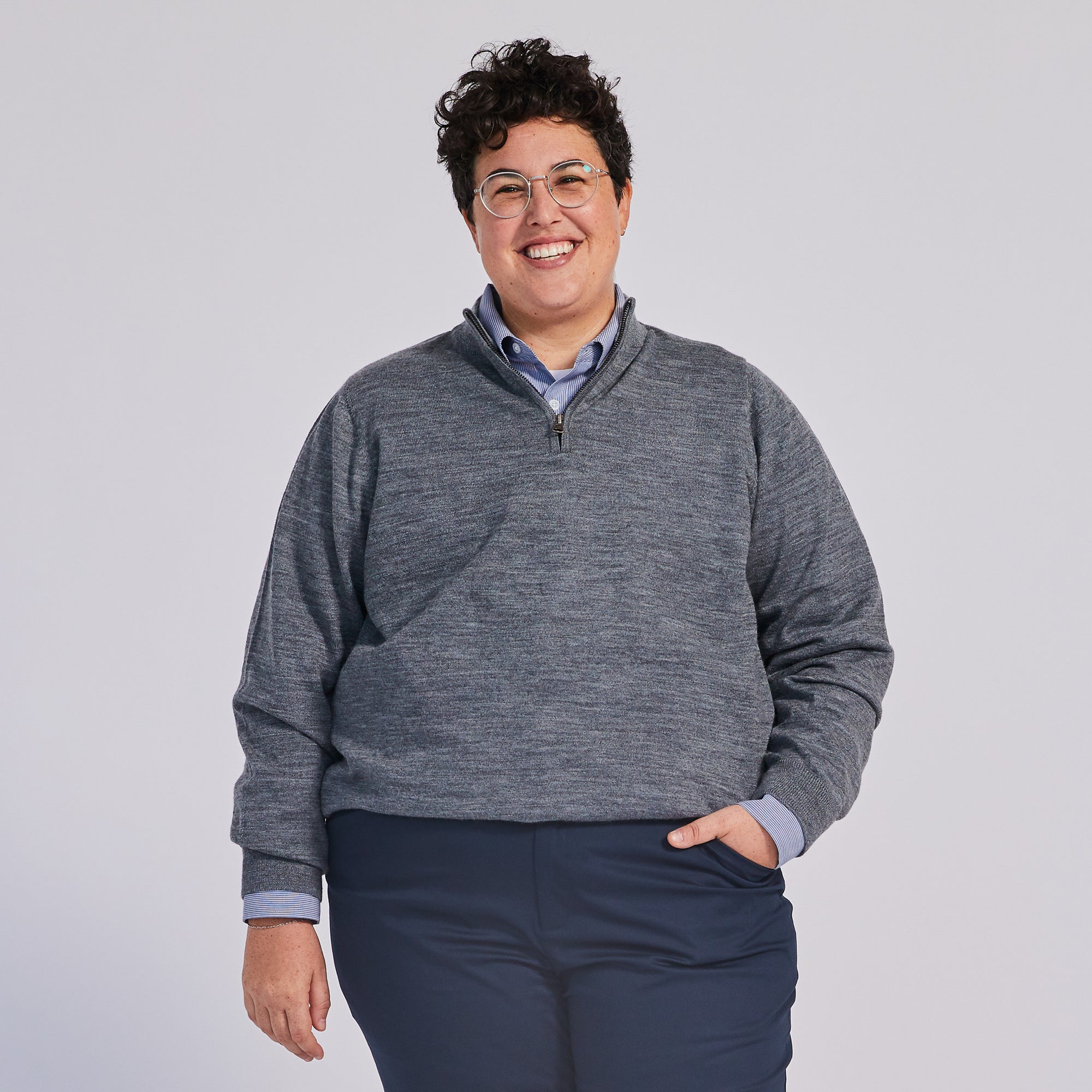 Plus sized quarter zip merino wool sweater in gray
