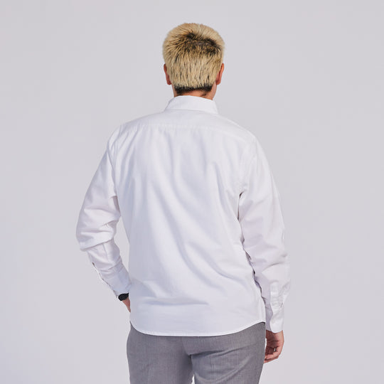 button down collar on white Oxford shirt for women, trans, and non-binary folks
