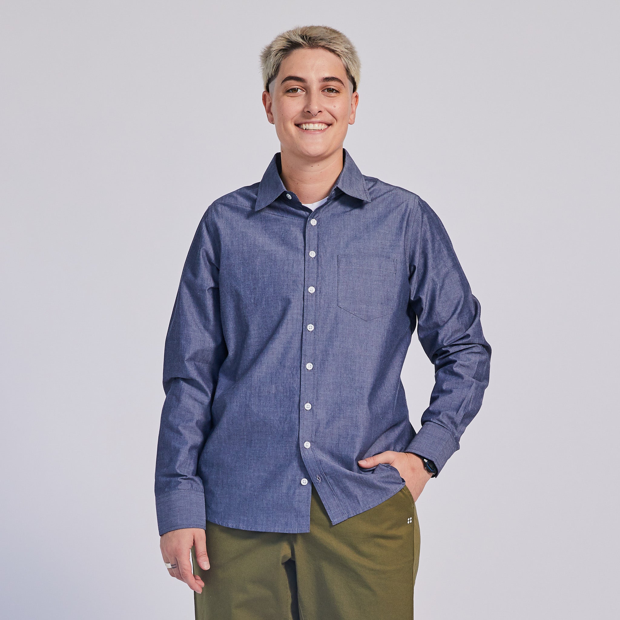 Blue chambray long sleeve shirt for women, AFAB, and non-binary folk