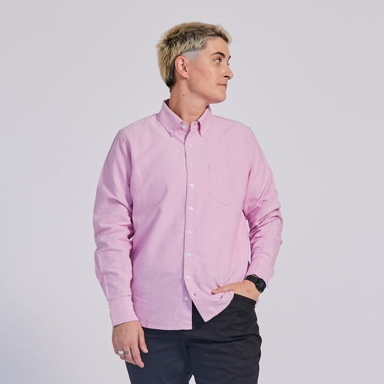Pink Oxford shirt with button down collar for women, trans, and non-binary folks