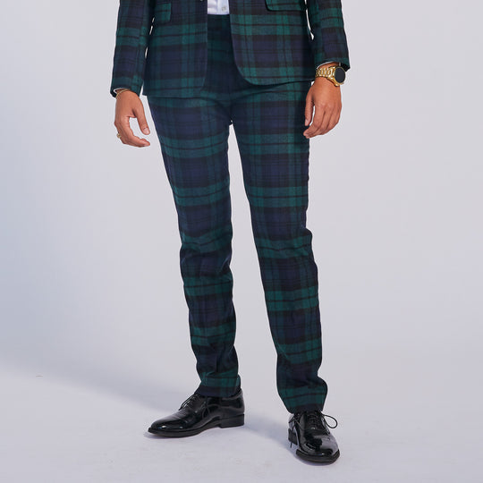 Green and blue plaid wool suit for women, AFAB, masc presenting and non-binary folks