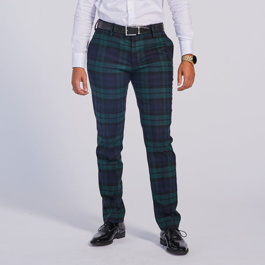 green and blue paid wool dress pants