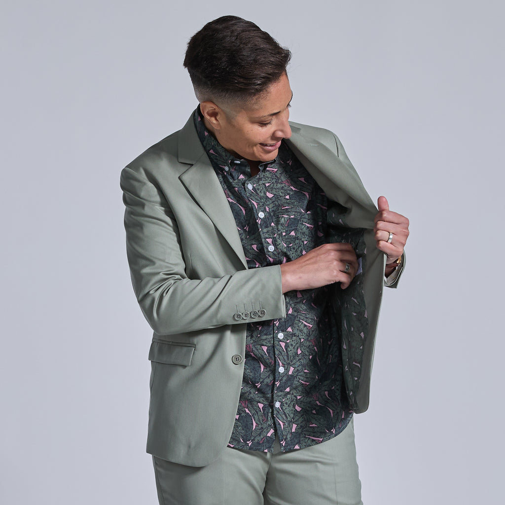 Banana leaf print shirt under sage suit by Kirrin Finch