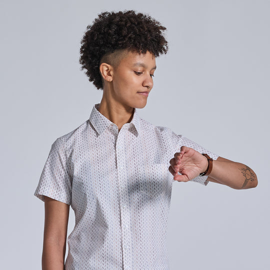 Confetti print short sleeve shirt for women, trans, masc, and non-binary folk