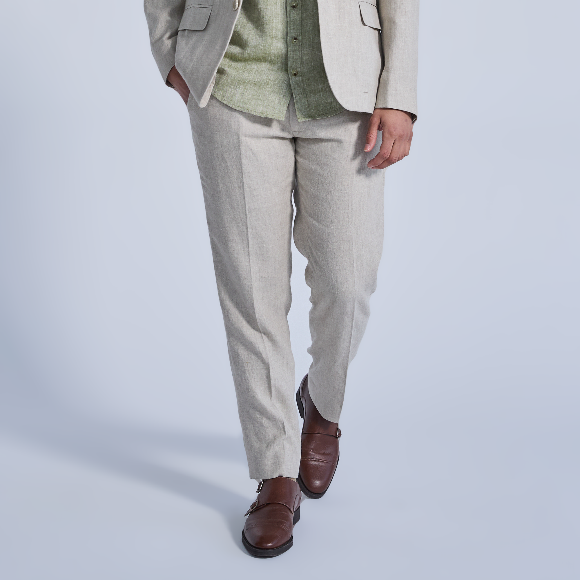 Oat linen dress pants with deep pockets.