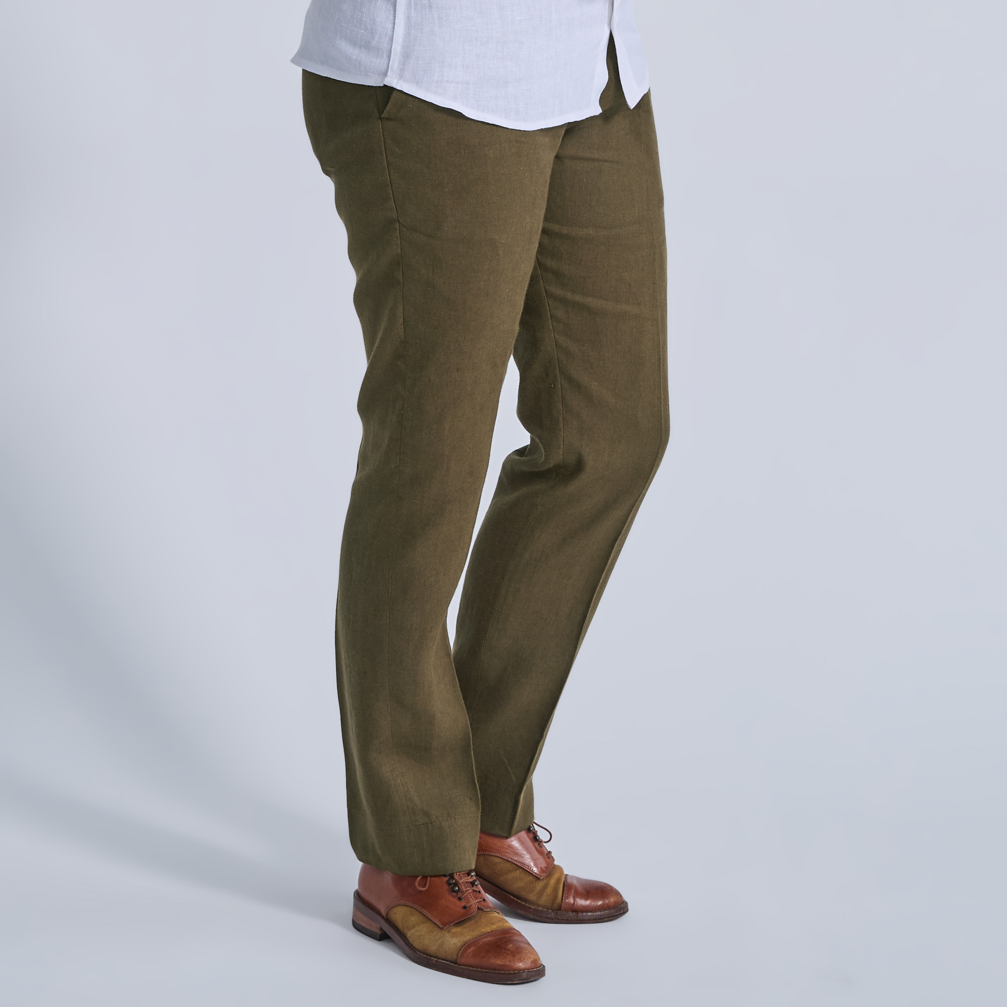 Deep moss linen dress pants for women, trans, masc, and non-binary folk