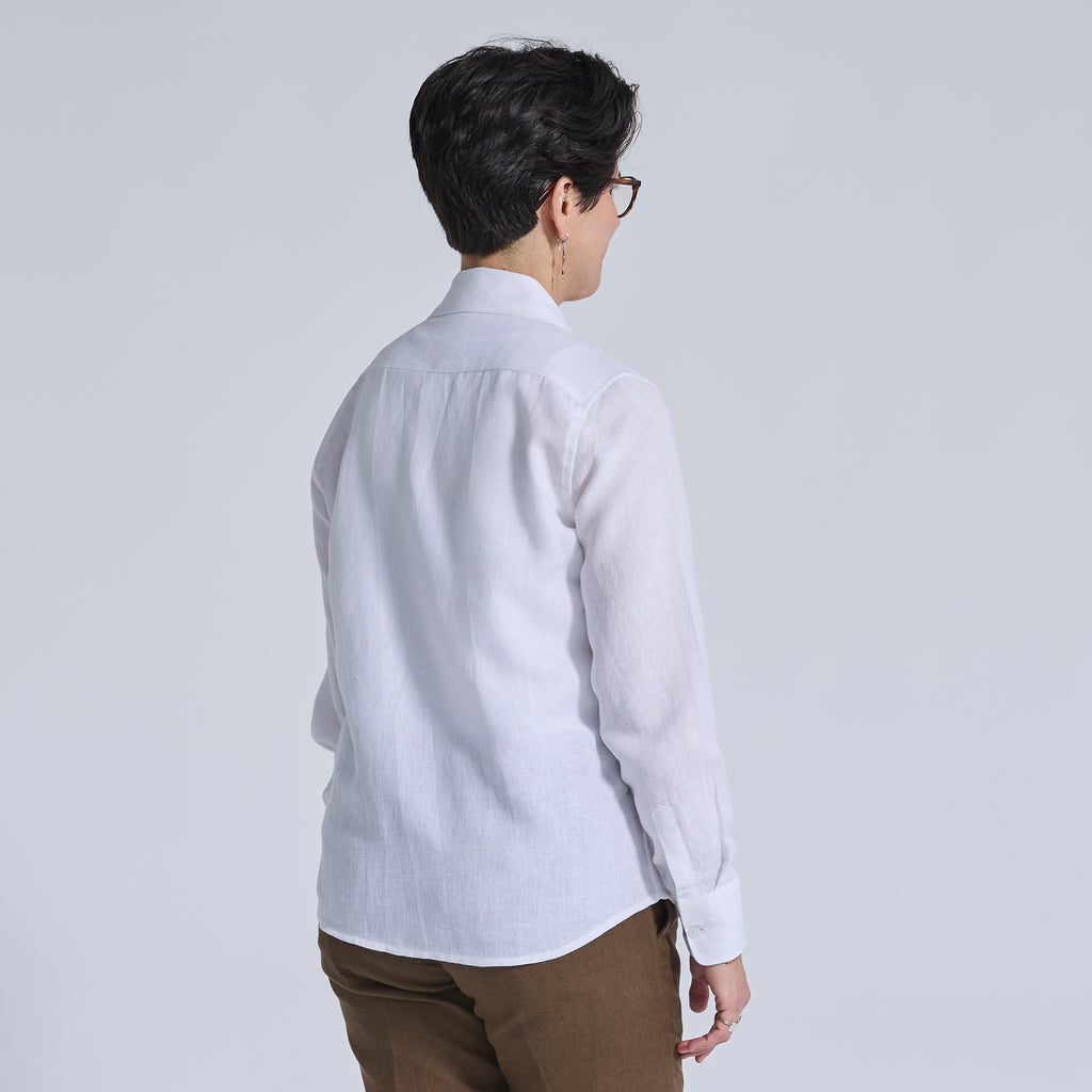 Button Down long sleeve white linen shirt by Kirrin Finch