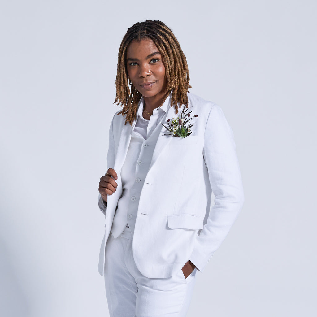 Androgynous White Sand linen blazer.