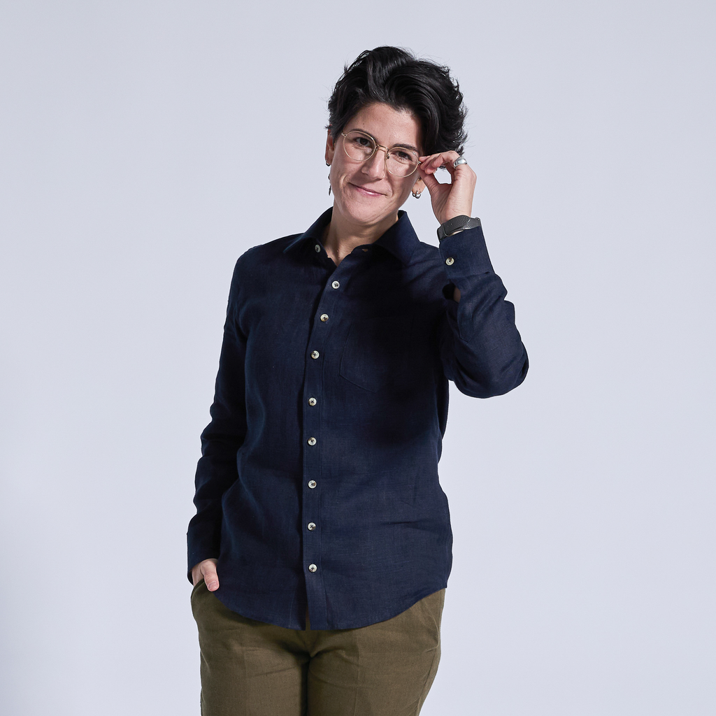 Women’s navy linen long sleeve shirt