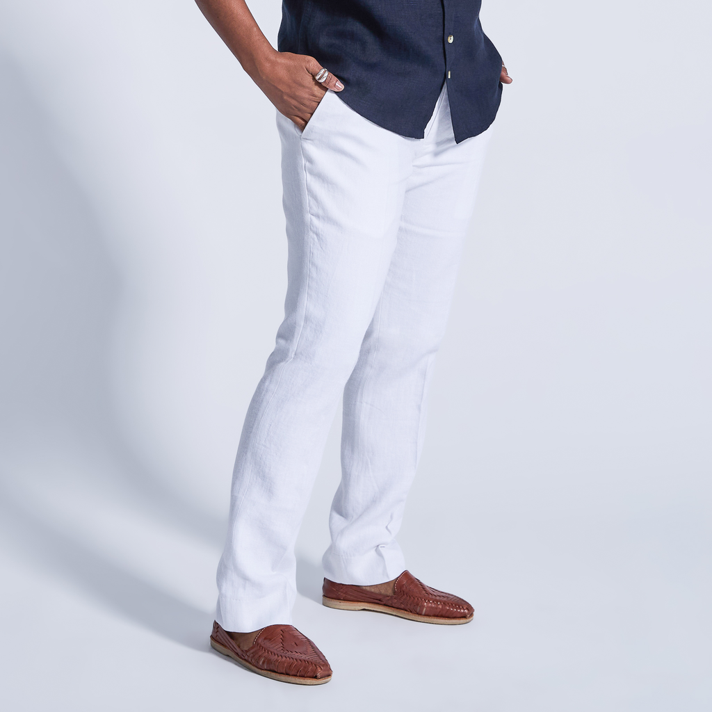 White linen dress pants made for women, trans, masc, and non-binary folk.