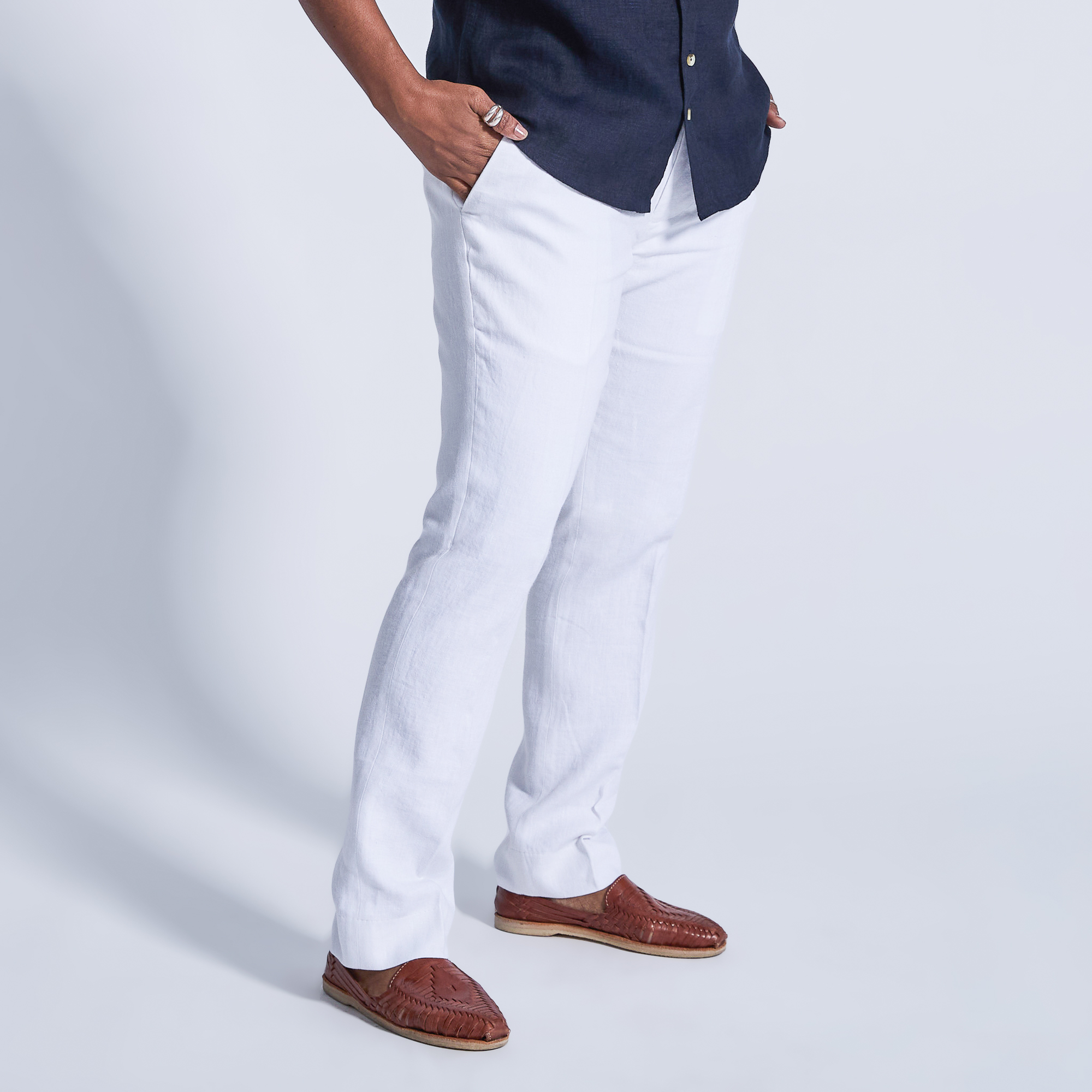 White linen dress pants made for women, trans, masc, and non-binary folk.