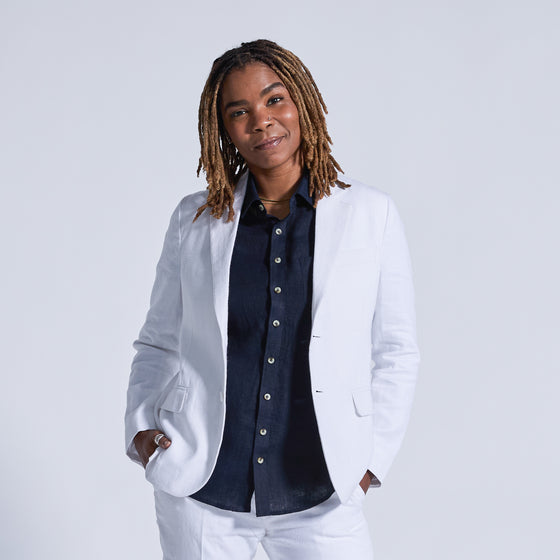 White Sand Linen blazer made for women, trans, masc, and non-binary folk.
