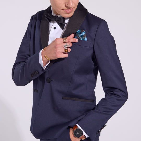 Kirrin Tuxedo in Navy Blue with Palm Royale Pocket Square