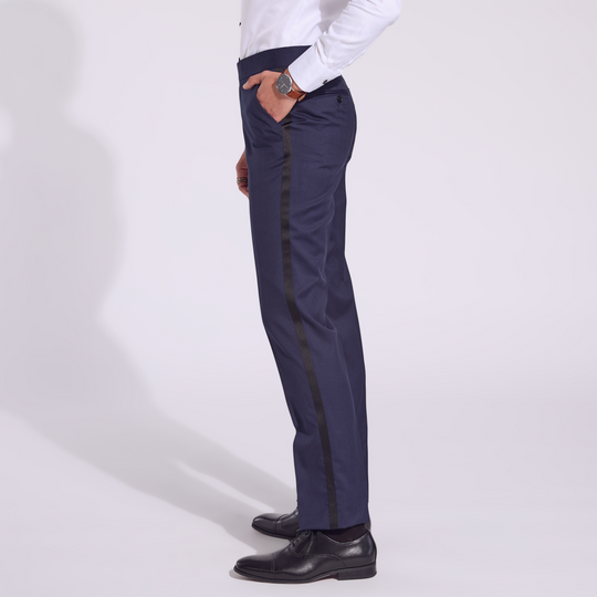 Navy Tuxedo pants with black satin stripe