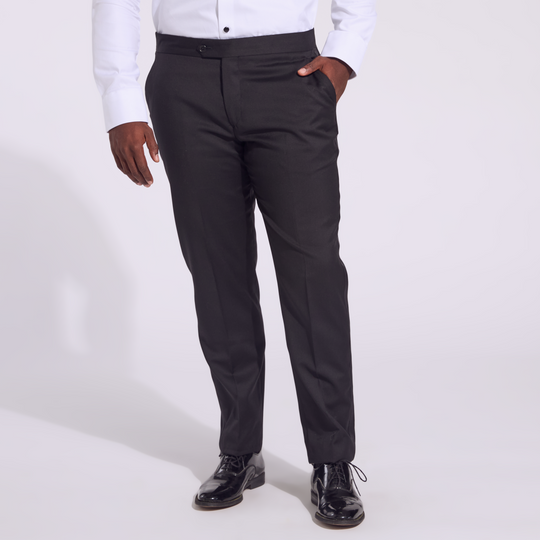 Masc model in black noir tuxedo pants