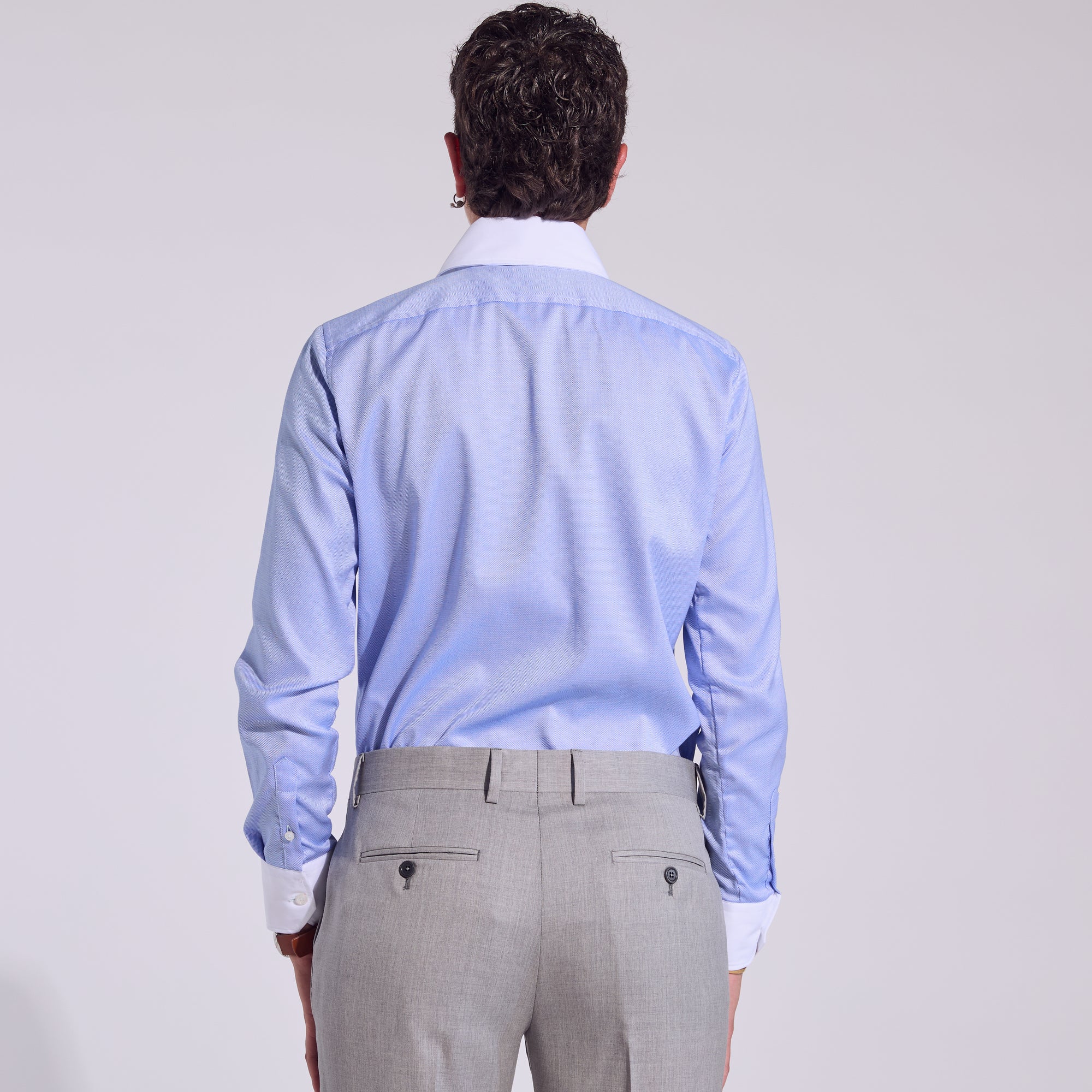 Sky blue banker featuring crisp white French collar. Color: Sky Blue Banker