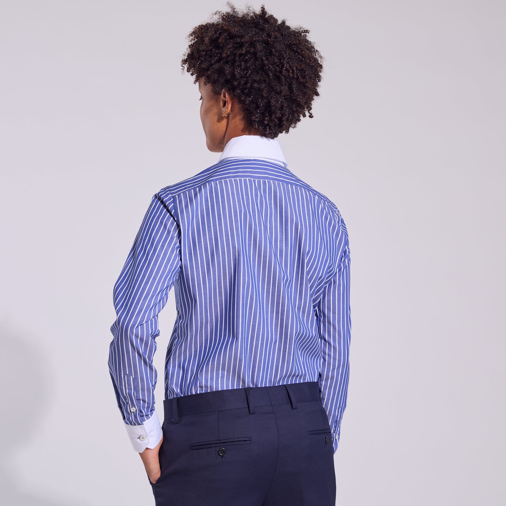 Women's dark blue banker shirt with sharp white French collar. Color: Blue Stripe Banker