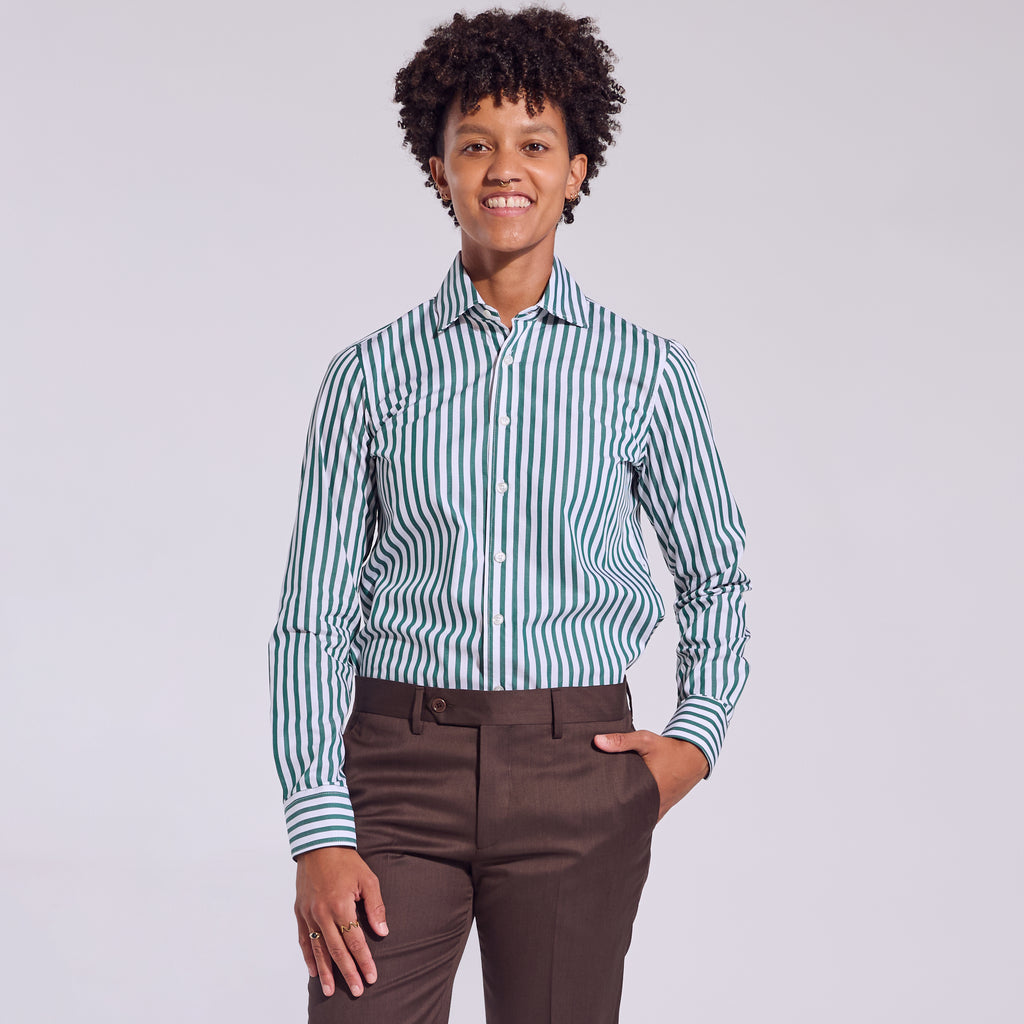 Androgynous Dress Shirt in Bengal Green Stripe