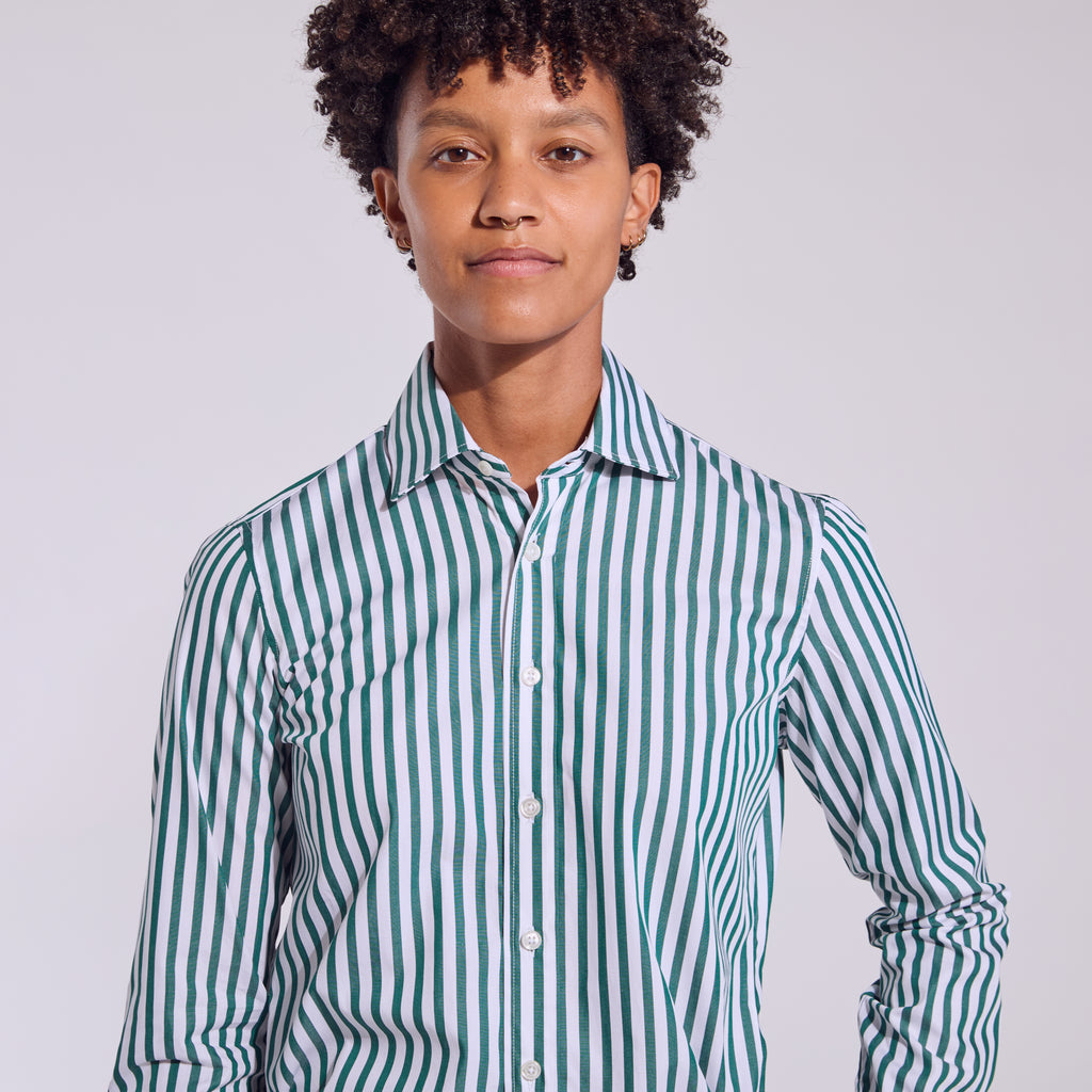 Striped Dress Shirt in Bengal Green, made for women, trans, and non-binary folk. Color: Green Bengal Stripe