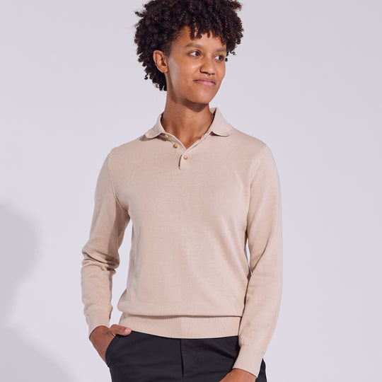 Cream Long Sleeve Polo Sweater (Pre-Order)