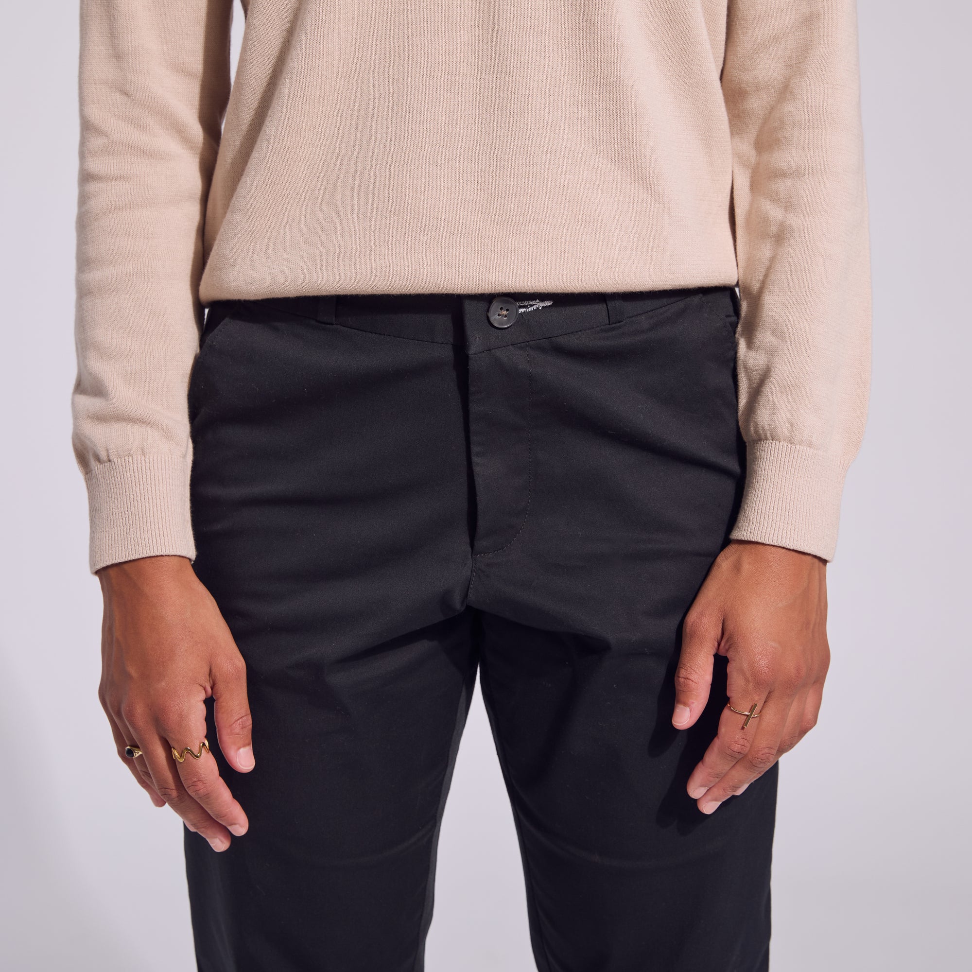 Black chinos made by Kirrin Finch.