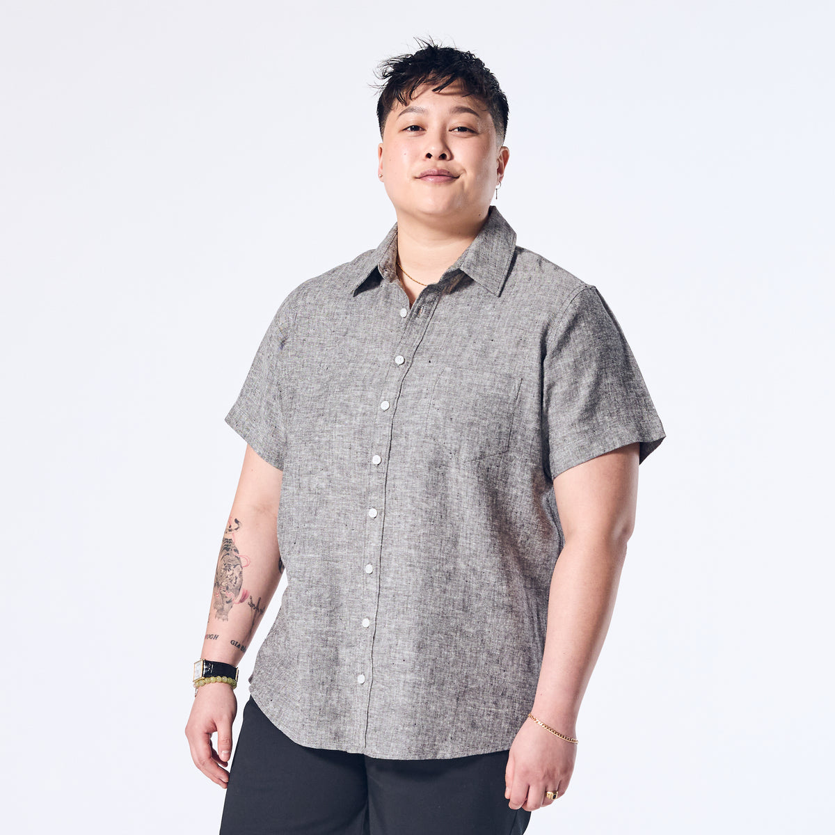 Ash Gray Linen Shirt made for women, trans, masc, and non-binary folk.