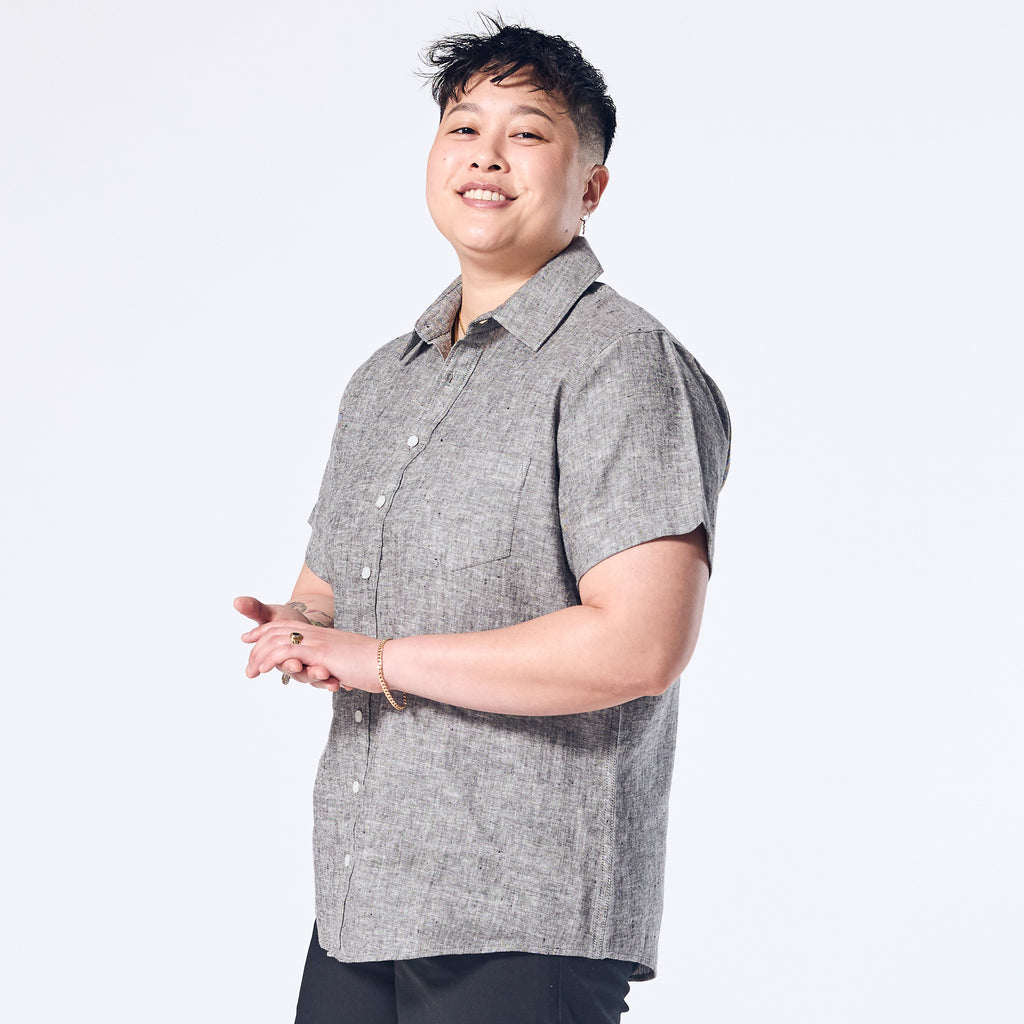 Model wearing Ash Gray Linen Shirt made by Kirrin Finch