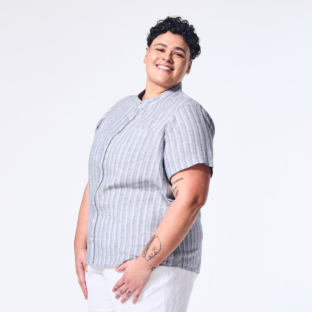 Coastal Blue Linen Shirt made for women, trans, masc, and non-binary folk.