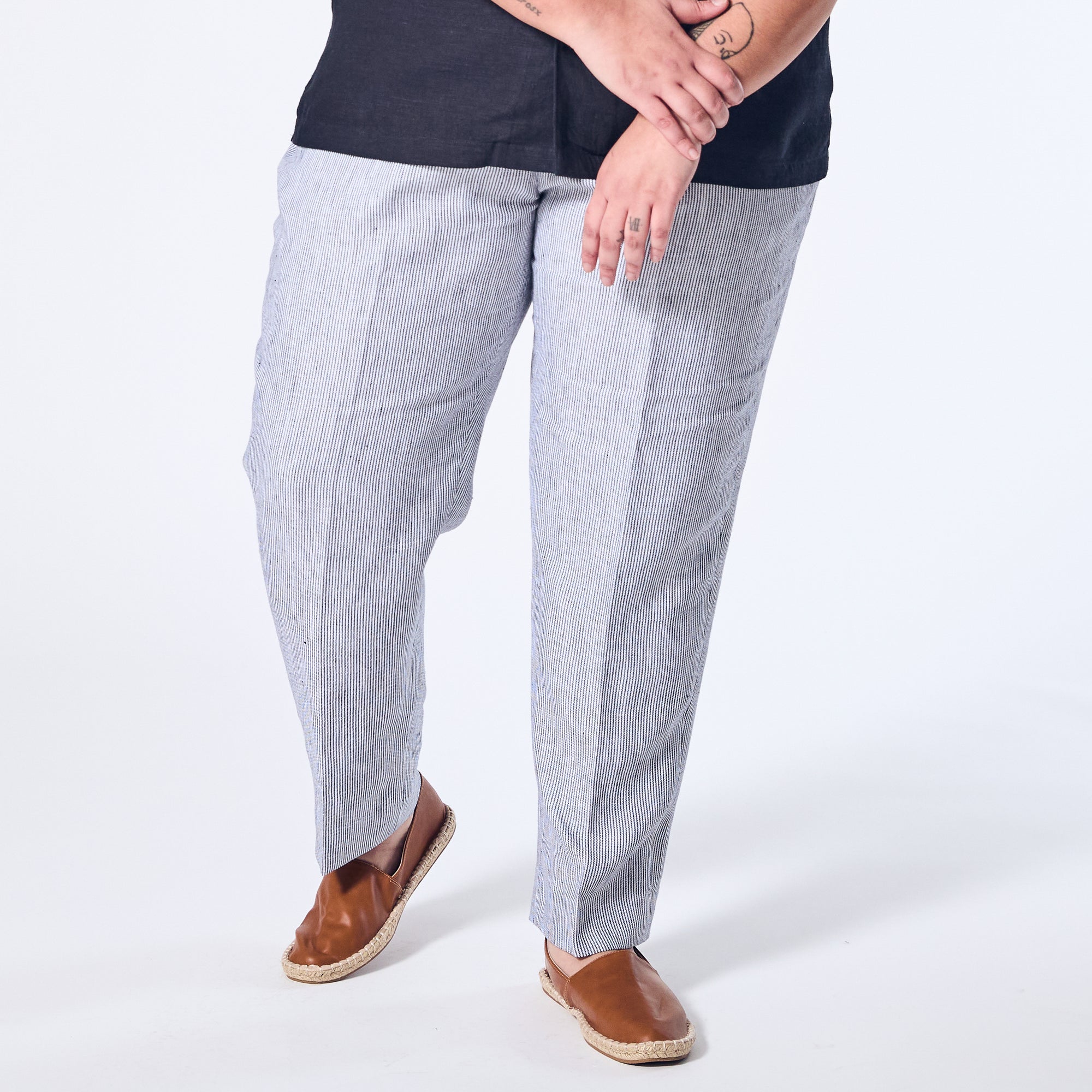 Women's Blue Stripe linen dress pants with flexi-waist