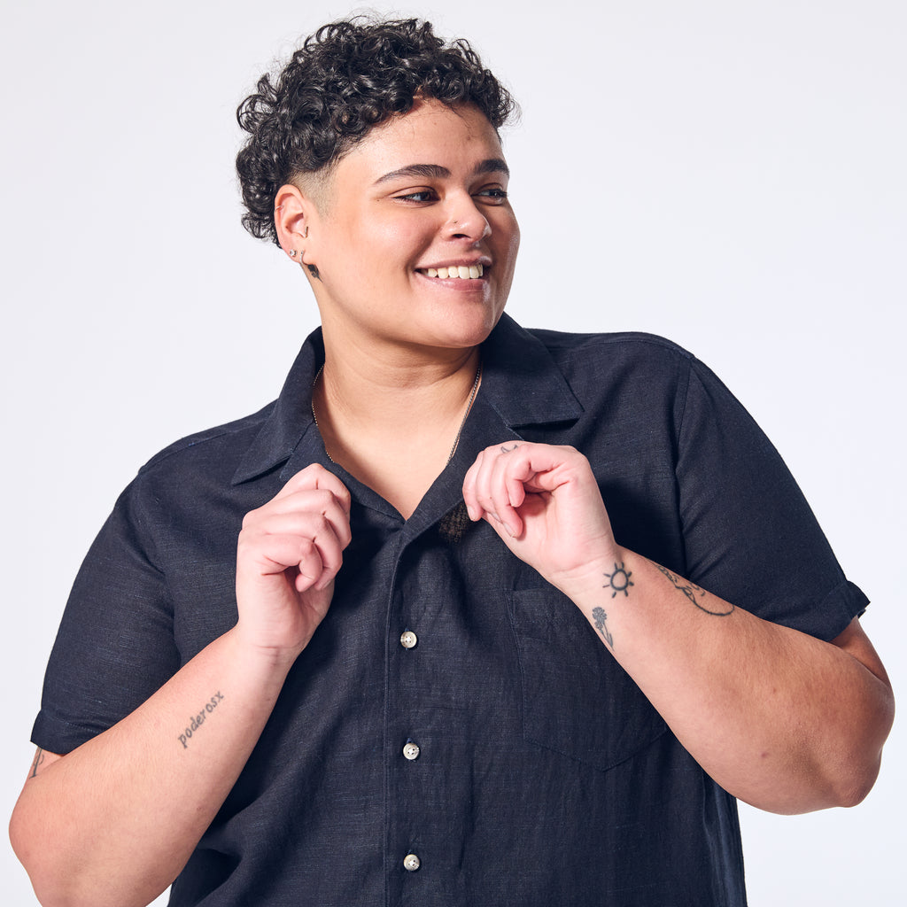 Marine Linen Camp Shirt made for women, trans, masc, and non-binary folk.