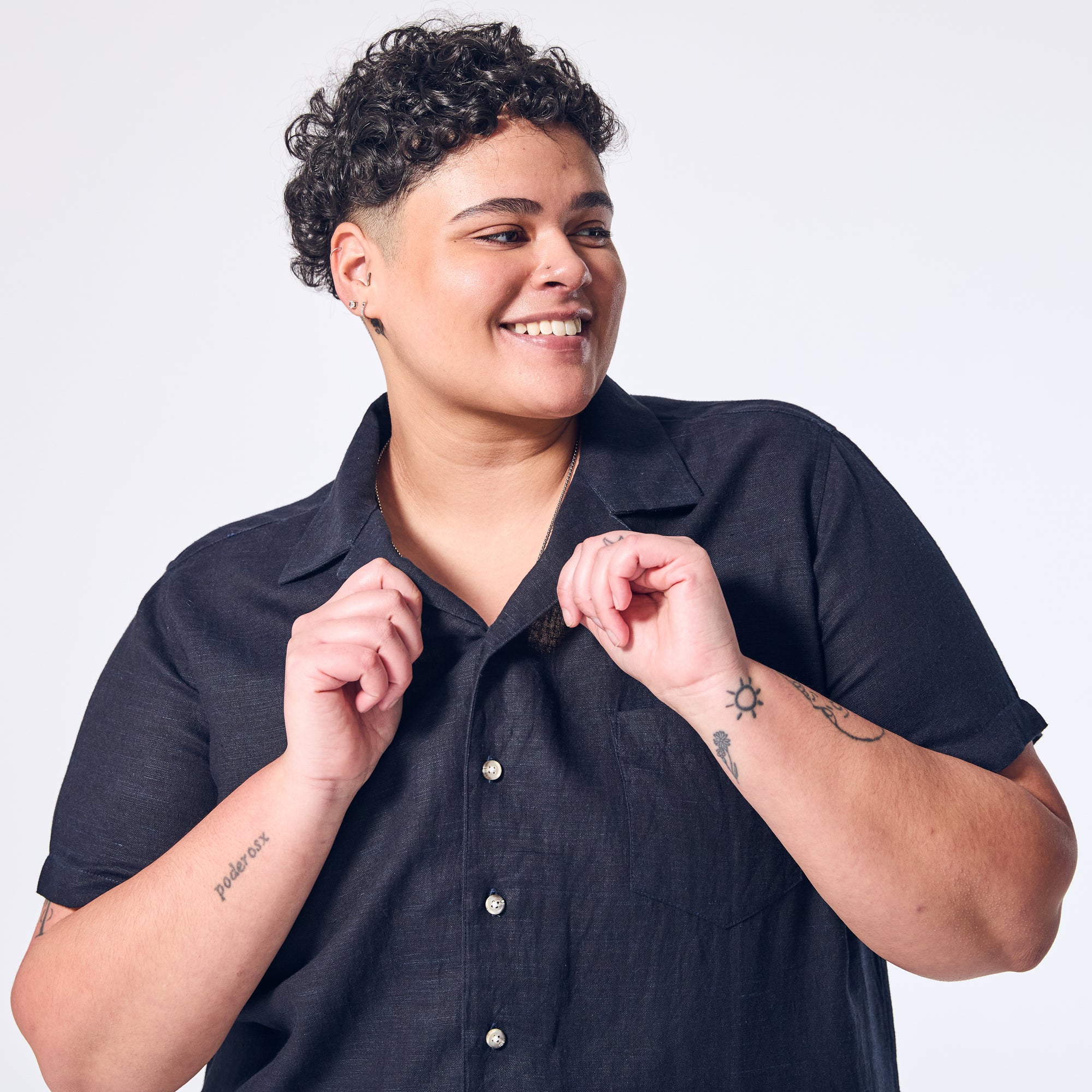 Marine Linen Camp Shirt made for women, trans, masc, and non-binary folk.