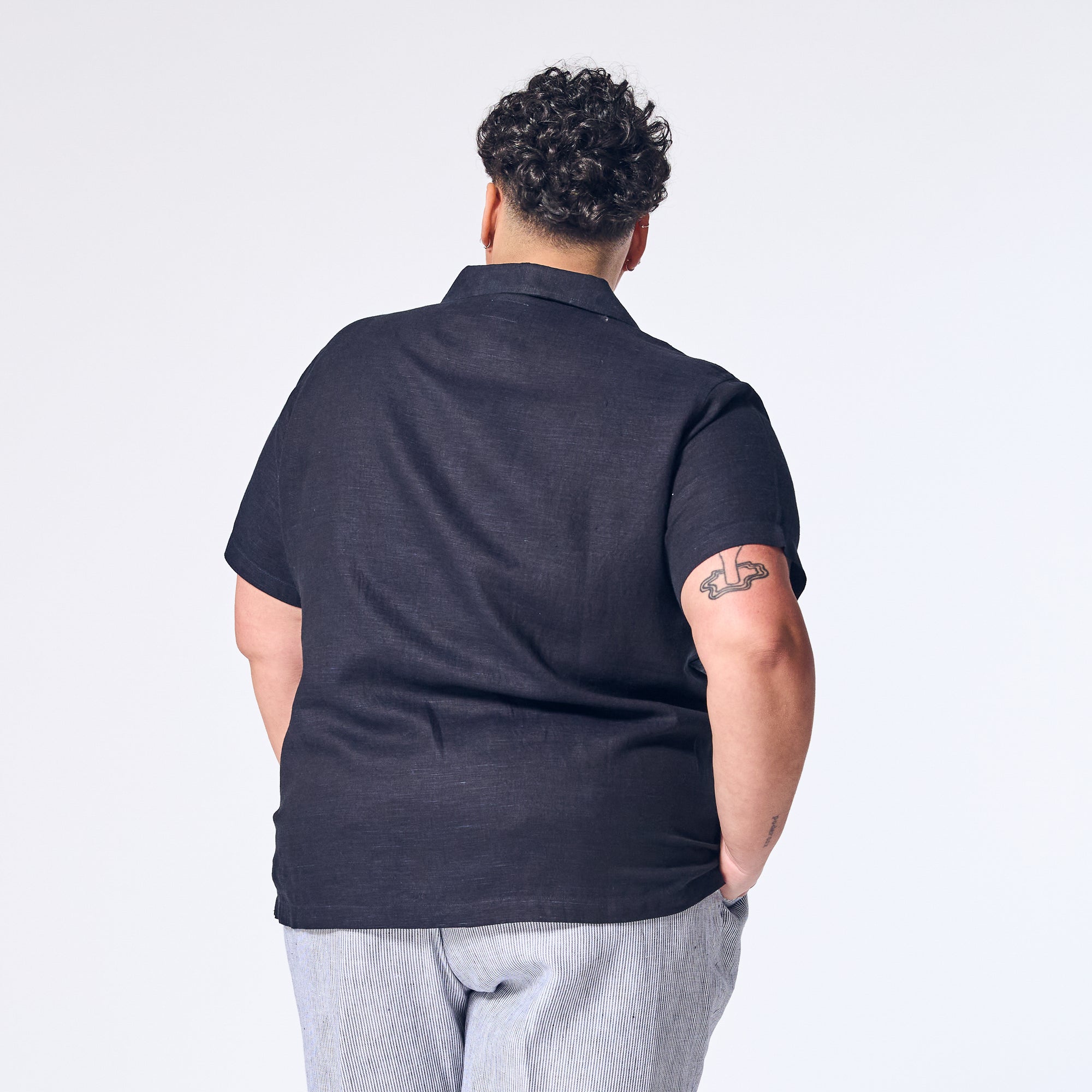 Model wearing Marine Linen Camp Shirt made by Kirrin Finch