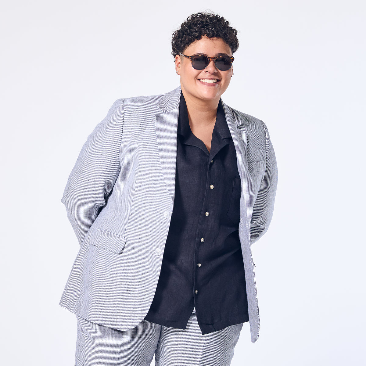Hampton Blue Stripe Linen blazer made for women, trans, masc, and non-binary folk.