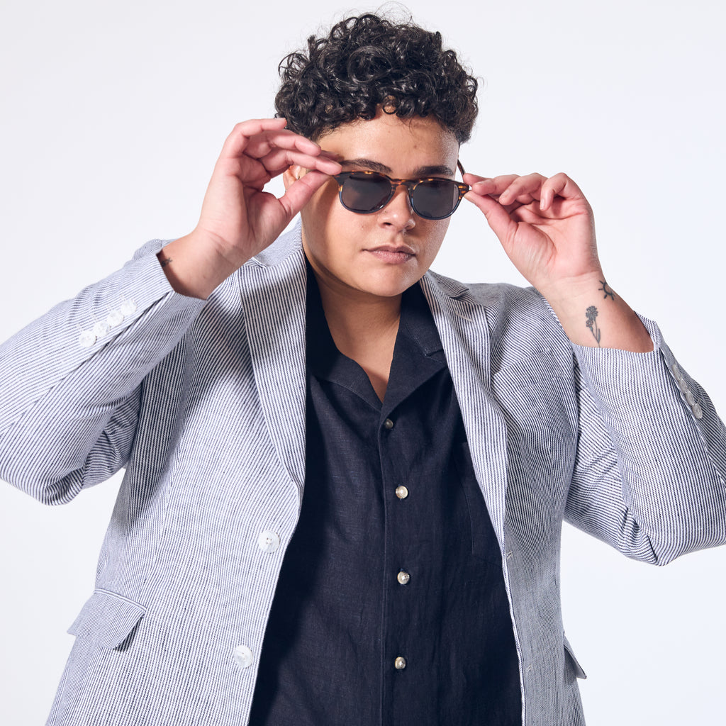 Hampton Blue Stripe Linen blazer made by Kirrin Finch.