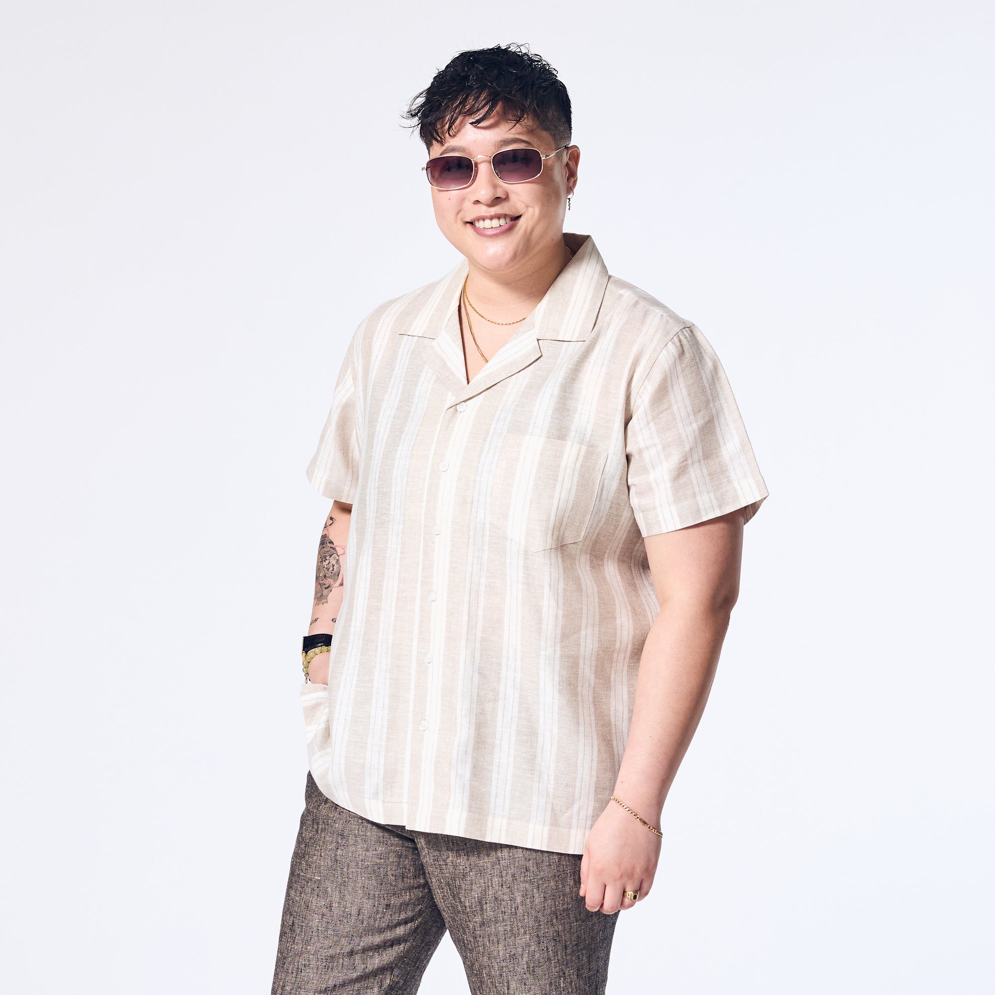 Sand Wide Stripe Linen Camp Shirt made for women, trans, masc, and non-binary folk.