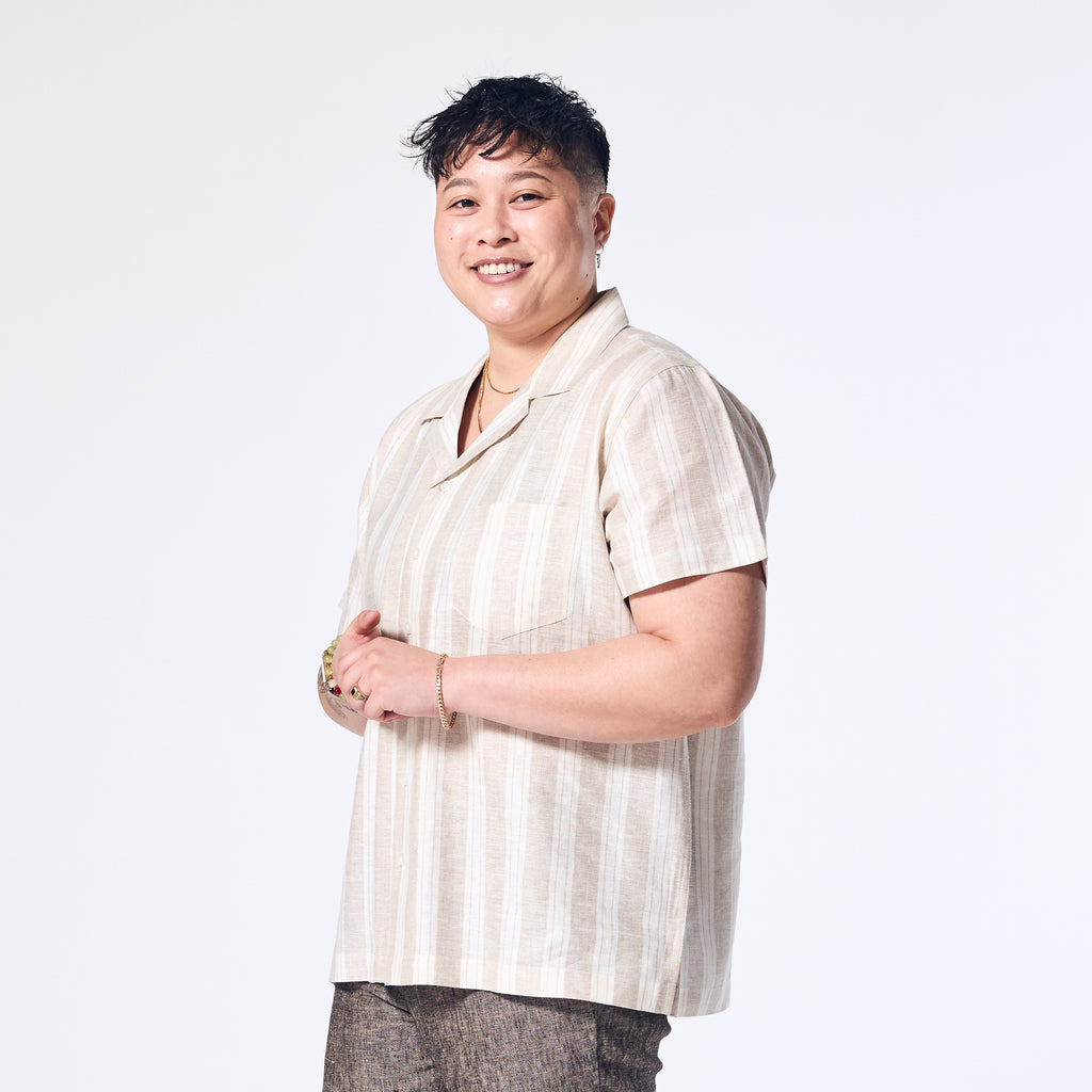 Androgynous Sand Wide Stripe Linen Camp Shirt